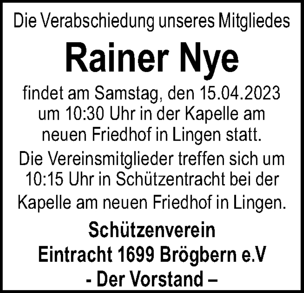  Traueranzeige für Rainer Nye vom 13.04.2023 aus Neue Osnabrücker Zeitung GmbH & Co. KG