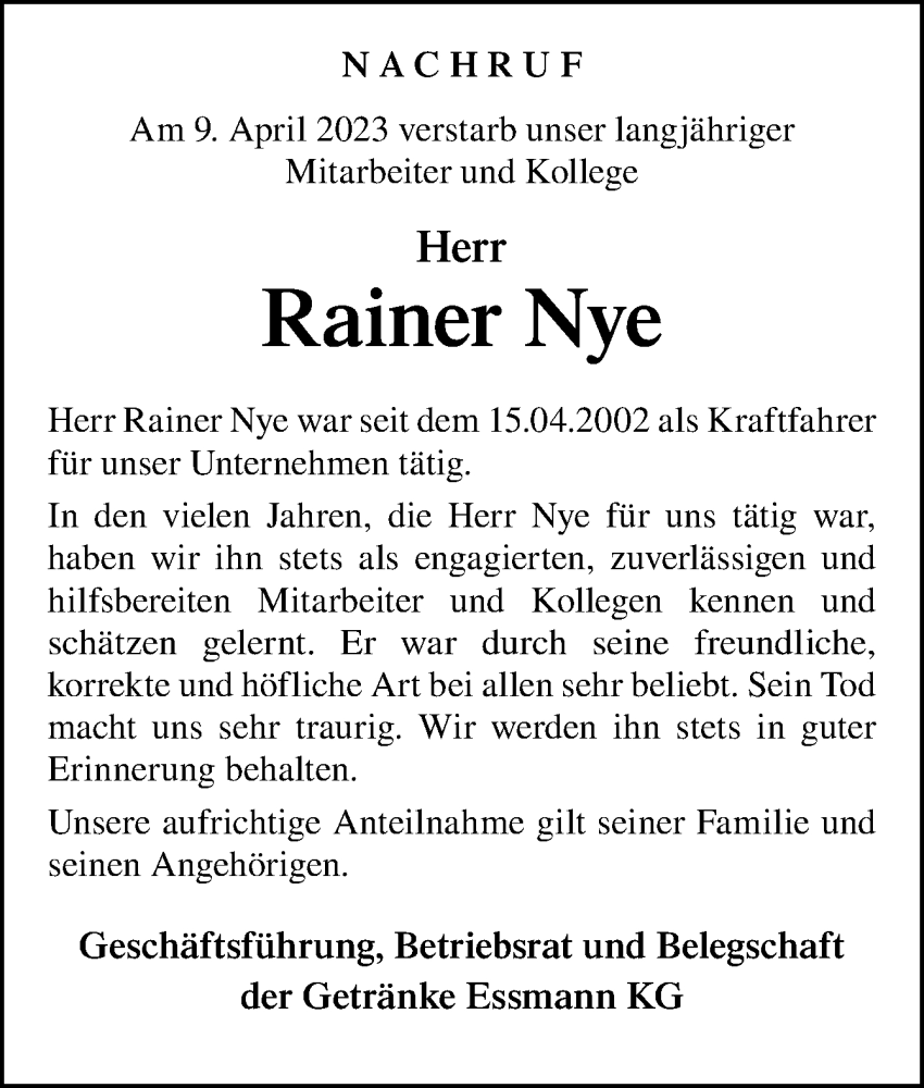  Traueranzeige für Rainer Nye vom 15.04.2023 aus Neue Osnabrücker Zeitung GmbH & Co. KG