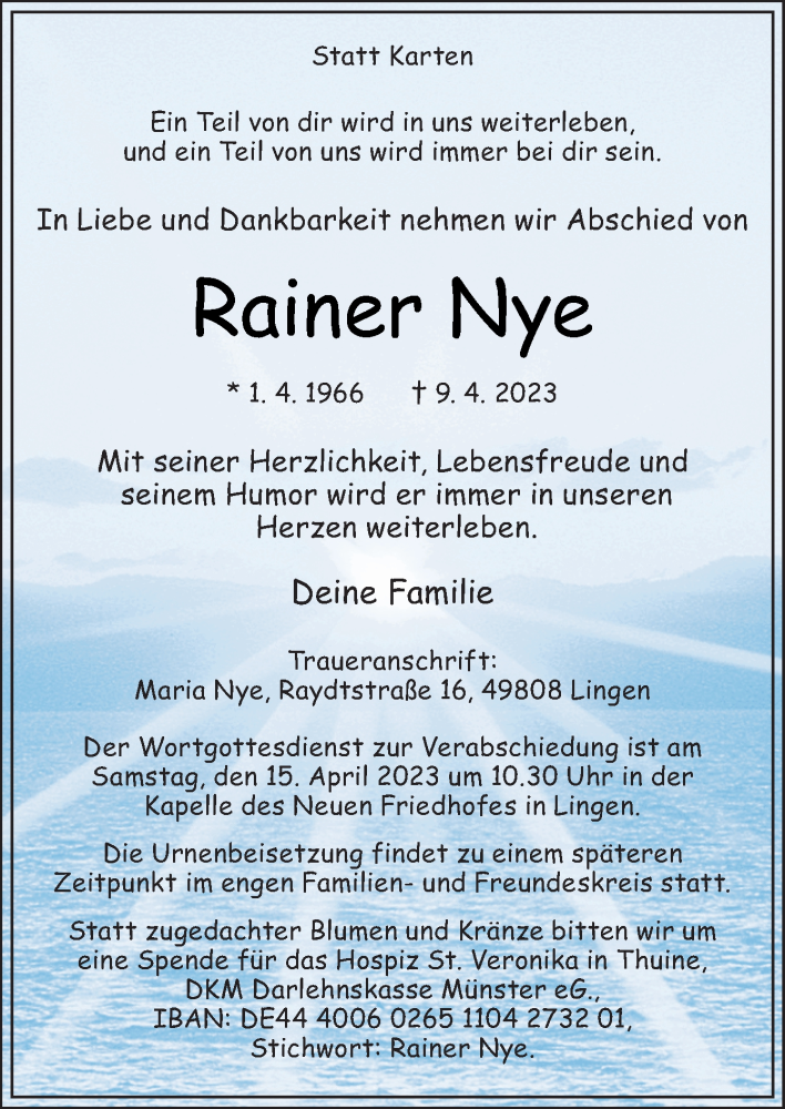  Traueranzeige für Rainer Nye vom 13.04.2023 aus Neue Osnabrücker Zeitung GmbH & Co. KG