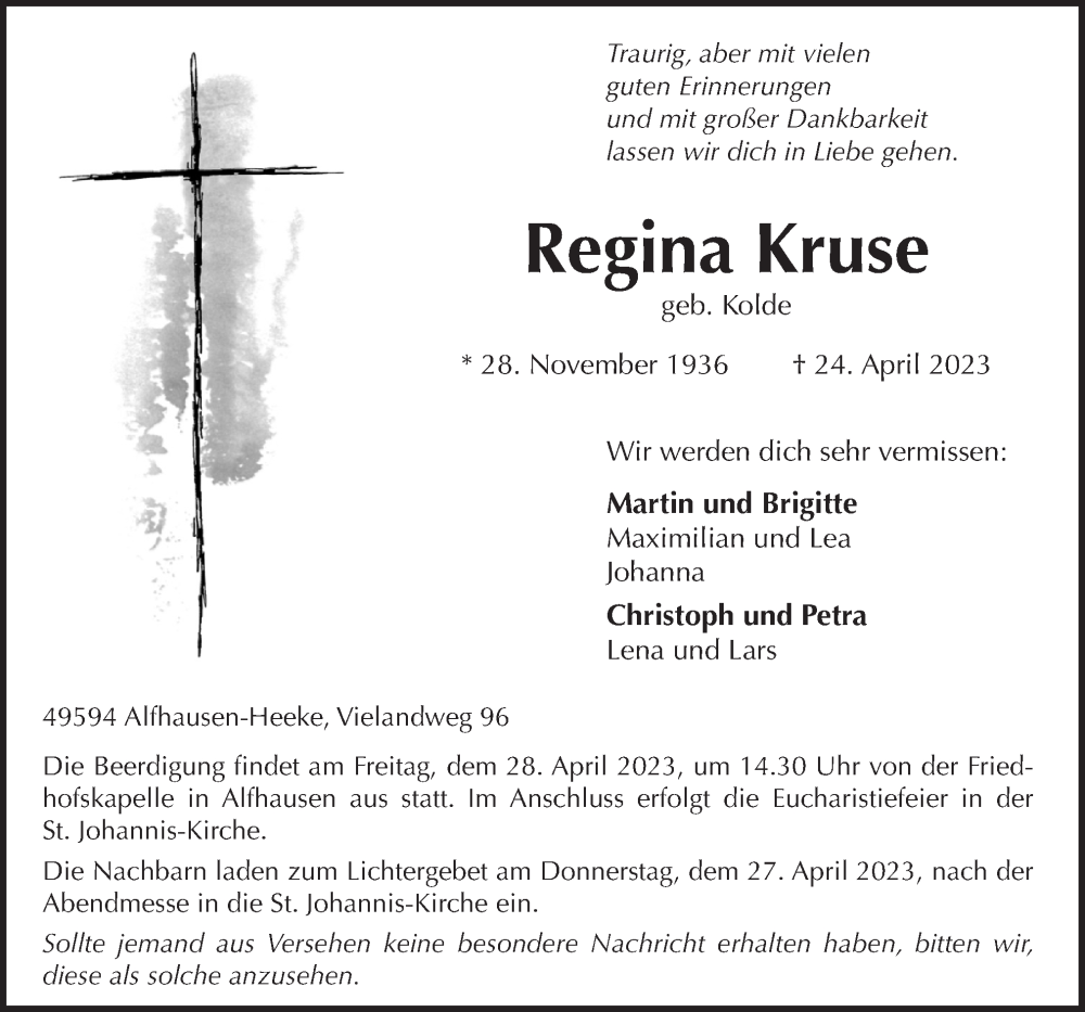  Traueranzeige für Regina Kruse vom 26.04.2023 aus Neue Osnabrücker Zeitung GmbH & Co. KG