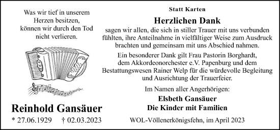 Traueranzeige von Reinhold Gansäuer von Neue Osnabrücker Zeitung GmbH & Co. KG