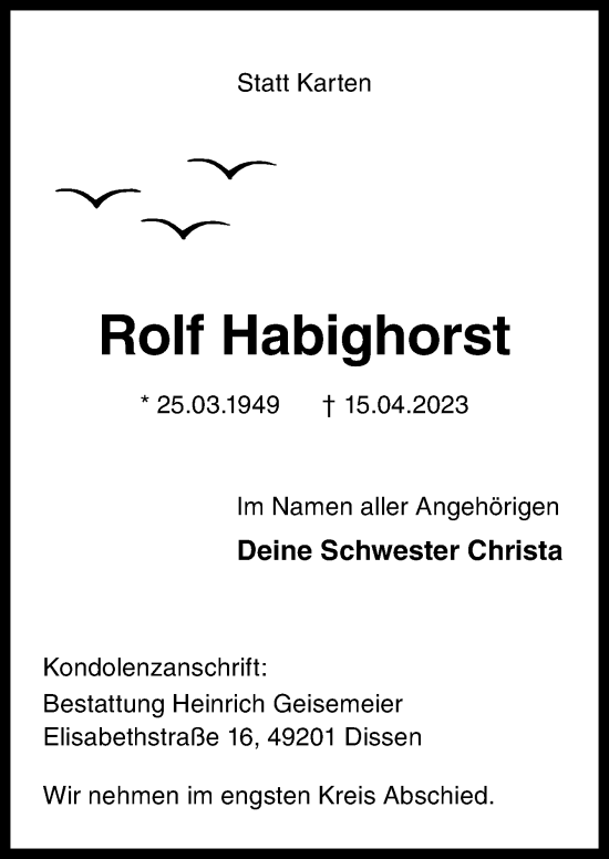 Traueranzeige von Rolf Habighorst von Neue Osnabrücker Zeitung GmbH & Co. KG