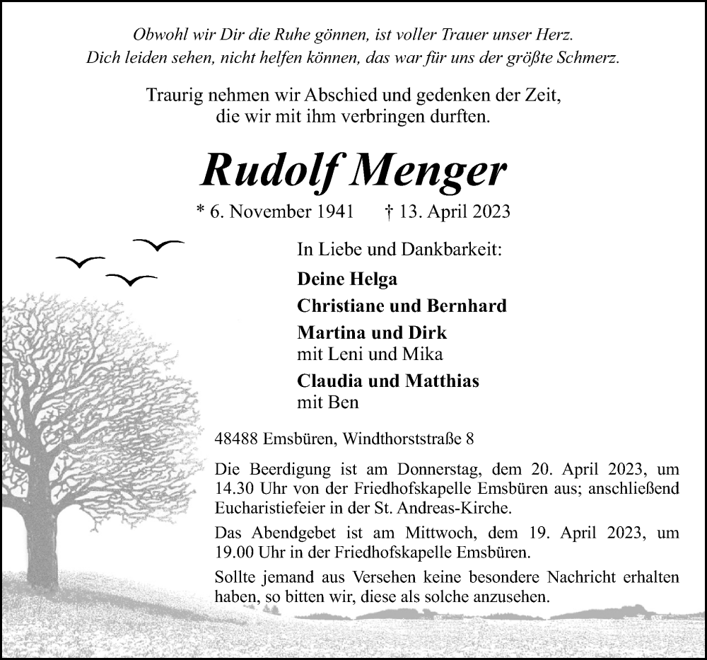  Traueranzeige für Rudolf Menger vom 18.04.2023 aus Neue Osnabrücker Zeitung GmbH & Co. KG