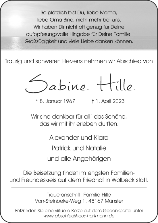 Traueranzeige von Sabine Hille von Neue Osnabrücker Zeitung GmbH & Co. KG