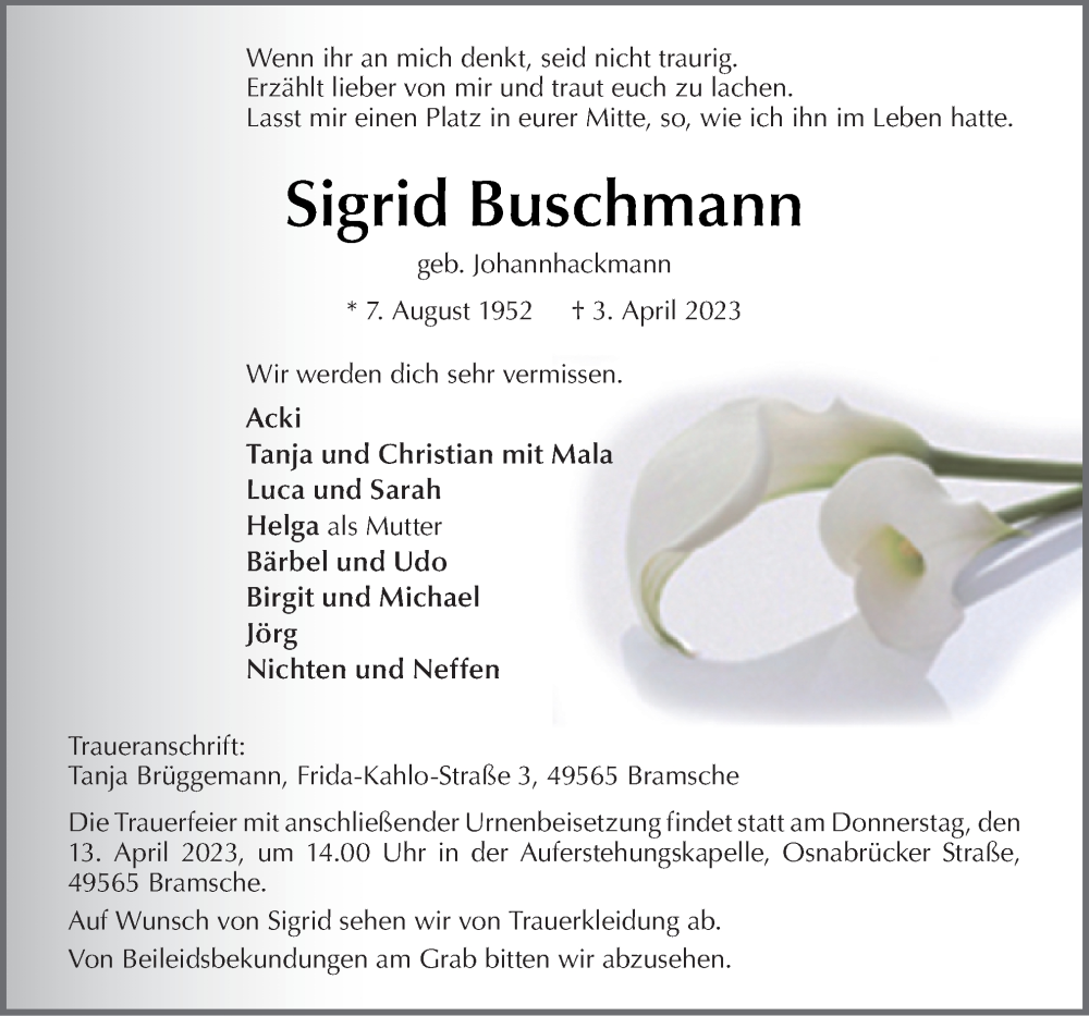  Traueranzeige für Sigrid Buschmann vom 08.04.2023 aus Neue Osnabrücker Zeitung GmbH & Co. KG