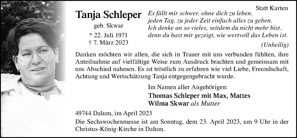  Traueranzeige für Tanja Schleper vom 19.04.2023 aus Neue Osnabrücker Zeitung GmbH & Co. KG