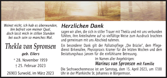 Traueranzeige von Thekla van Spronsen von Neue Osnabrücker Zeitung GmbH & Co. KG