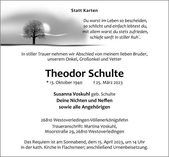 Traueranzeige von Theodor Schulte von Neue Osnabrücker Zeitung GmbH & Co. KG