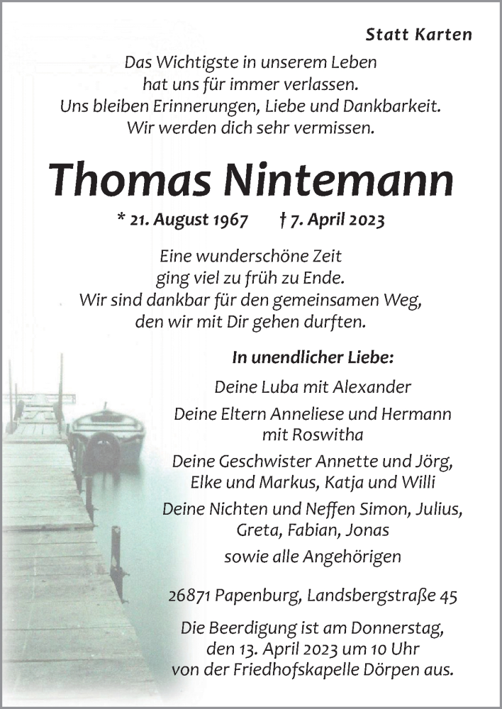  Traueranzeige für Thomas Nintemann vom 11.04.2023 aus Neue Osnabrücker Zeitung GmbH & Co. KG