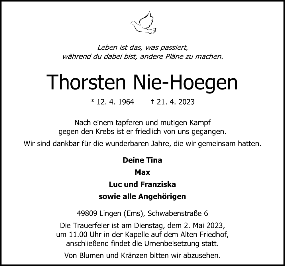  Traueranzeige für Thorsten Nie-Hoegen vom 26.04.2023 aus Neue Osnabrücker Zeitung GmbH & Co. KG