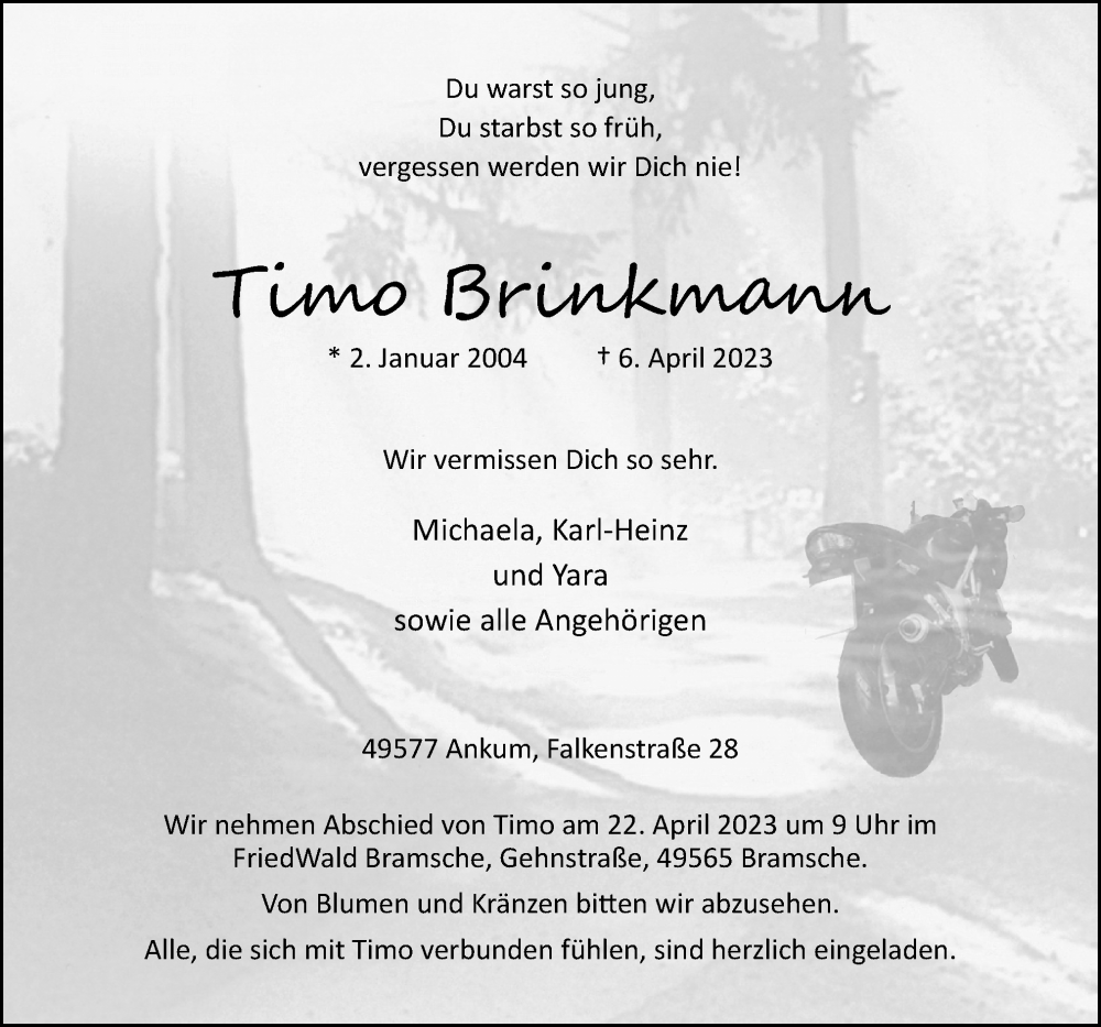  Traueranzeige für Timo Brinkmann vom 15.04.2023 aus Neue Osnabrücker Zeitung GmbH & Co. KG
