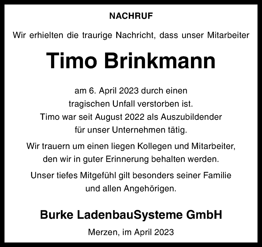 Traueranzeige für Timo Brinkmann vom 22.04.2023 aus Neue Osnabrücker Zeitung GmbH & Co. KG