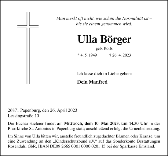 Traueranzeige von Ulla Börger von Neue Osnabrücker Zeitung GmbH & Co. KG