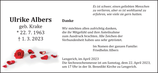 Traueranzeige von Ulrike Albers von Neue Osnabrücker Zeitung GmbH & Co. KG