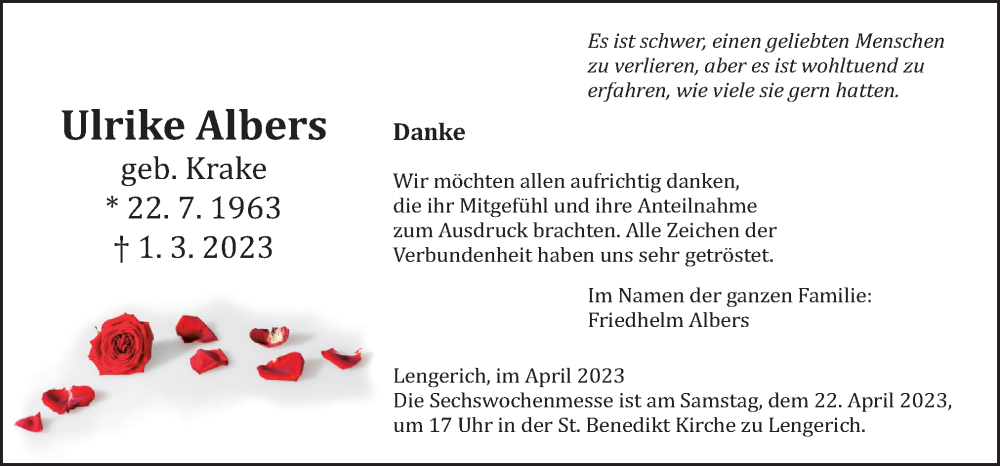  Traueranzeige für Ulrike Albers vom 19.04.2023 aus Neue Osnabrücker Zeitung GmbH & Co. KG