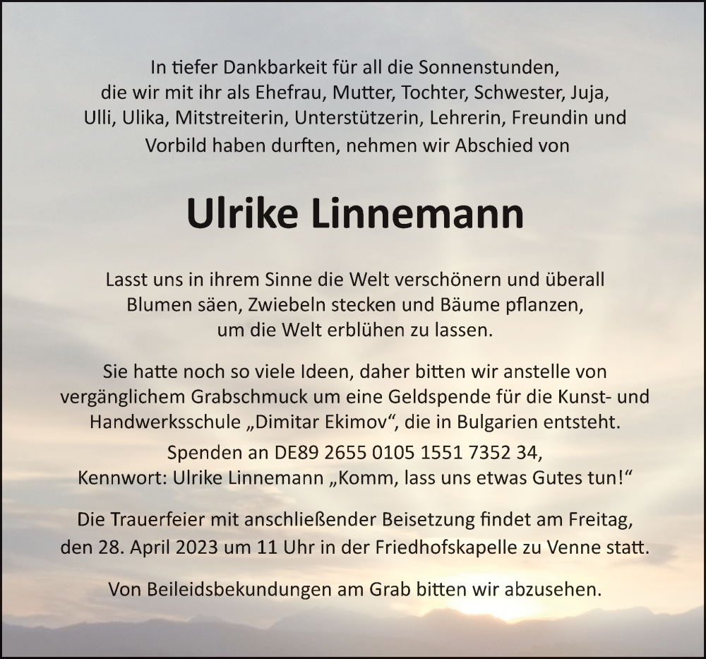  Traueranzeige für Ulrike Linnemann vom 26.04.2023 aus Neue Osnabrücker Zeitung GmbH & Co. KG