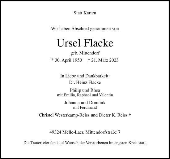 Traueranzeige von Ursel Flacke von Neue Osnabrücker Zeitung GmbH & Co. KG