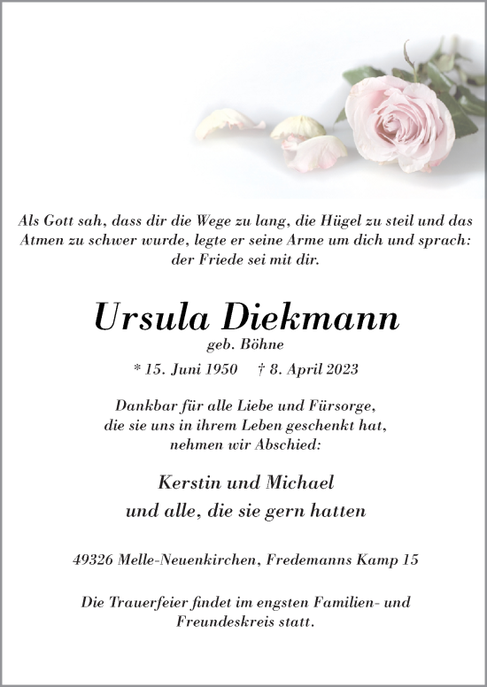 Traueranzeige von Ursula Diekmann von Neue Osnabrücker Zeitung GmbH & Co. KG