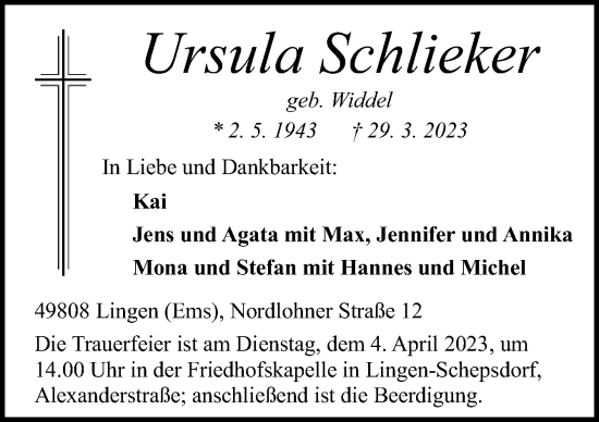 Traueranzeige von Ursula Schlieker von Neue Osnabrücker Zeitung GmbH & Co. KG