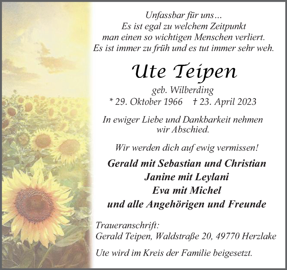  Traueranzeige für Ute Teipen vom 29.04.2023 aus Neue Osnabrücker Zeitung GmbH & Co. KG