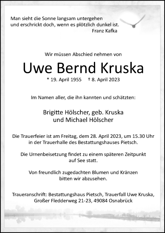 Traueranzeige von Uwe Bernd Kruska von Neue Osnabrücker Zeitung GmbH & Co. KG