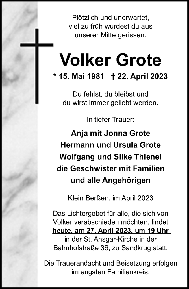  Traueranzeige für Volker Grote vom 27.04.2023 aus Neue Osnabrücker Zeitung GmbH & Co. KG