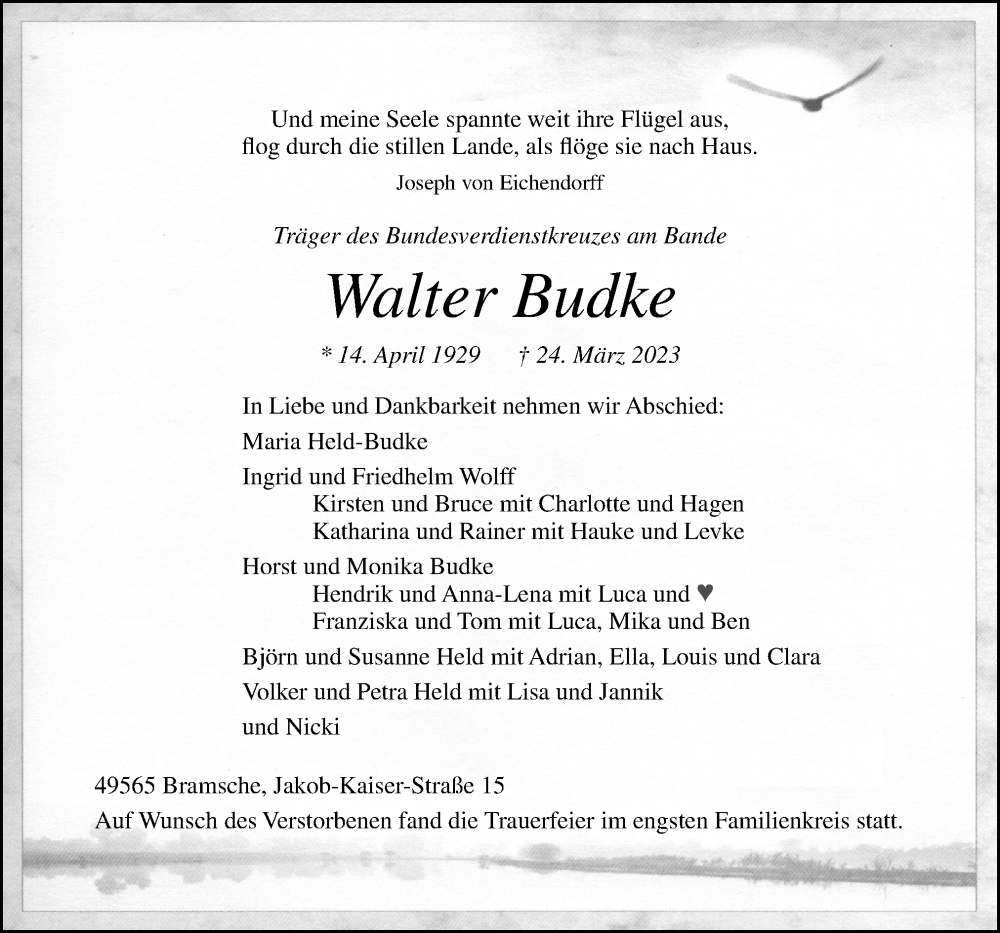  Traueranzeige für Walter Budke vom 01.04.2023 aus Neue Osnabrücker Zeitung GmbH & Co. KG