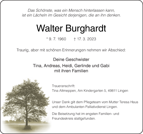 Traueranzeige von Walter Burghardt von Neue Osnabrücker Zeitung GmbH & Co. KG