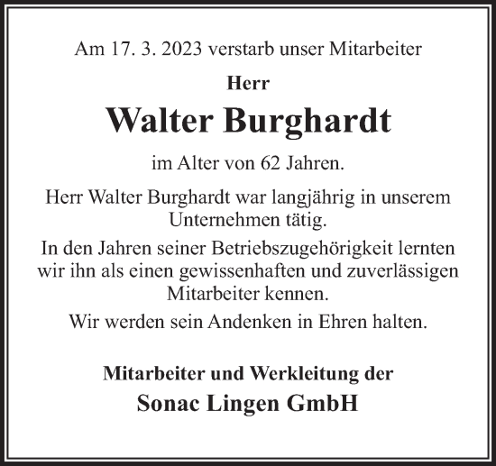 Traueranzeige von Walter Burghardt von Neue Osnabrücker Zeitung GmbH & Co. KG