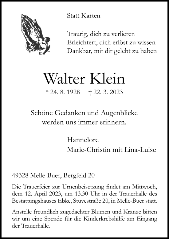 Traueranzeige von Walter Klein von Neue Osnabrücker Zeitung GmbH & Co. KG