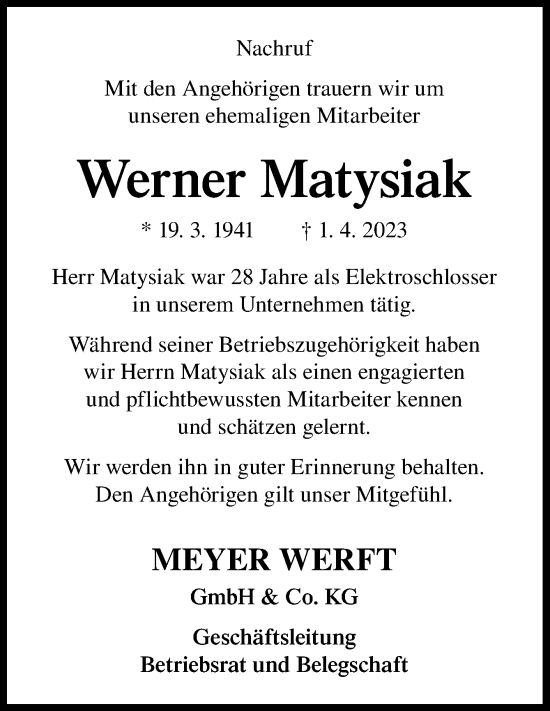 Traueranzeige von Werner Matysiak von Neue Osnabrücker Zeitung GmbH & Co. KG