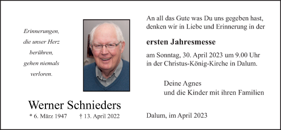 Traueranzeige von Werner Schnieders von Neue Osnabrücker Zeitung GmbH & Co. KG