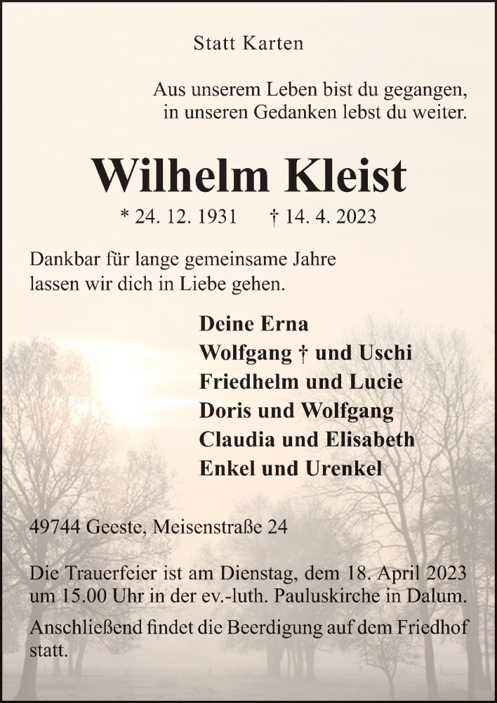  Traueranzeige für Wilhelm Kleist vom 15.04.2023 aus Neue Osnabrücker Zeitung GmbH & Co. KG