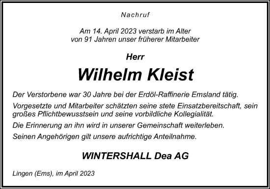 Traueranzeige von Wilhelm Kleist von Neue Osnabrücker Zeitung GmbH & Co. KG