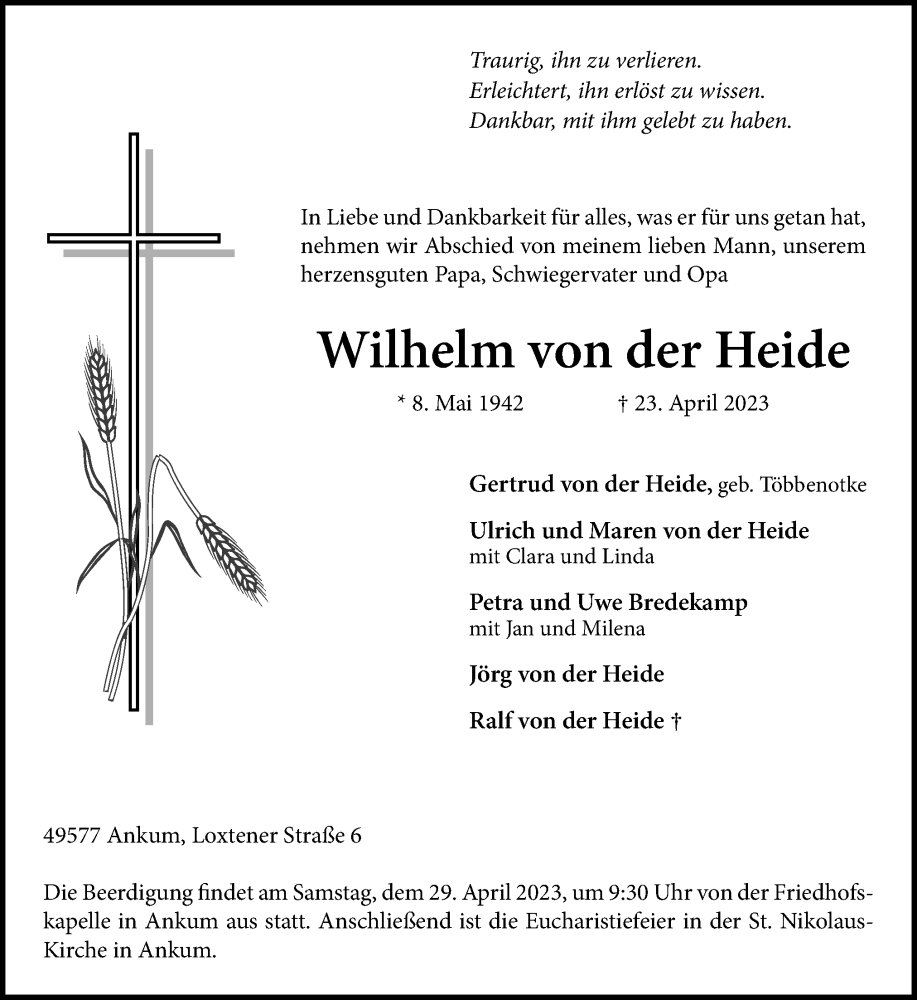  Traueranzeige für Wilhelm von der Heide vom 26.04.2023 aus Neue Osnabrücker Zeitung GmbH & Co. KG