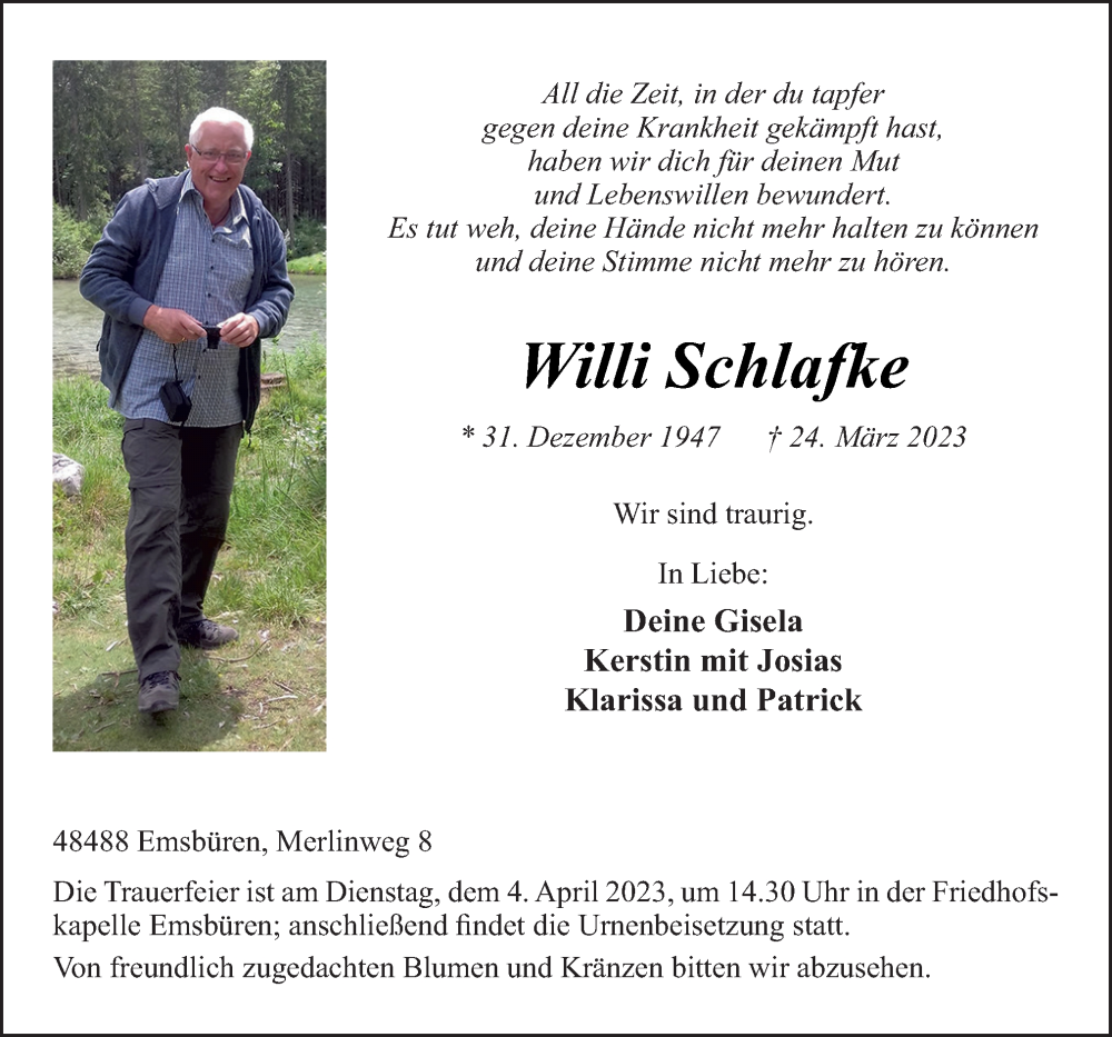  Traueranzeige für Willi Schlafke vom 01.04.2023 aus Neue Osnabrücker Zeitung GmbH & Co. KG