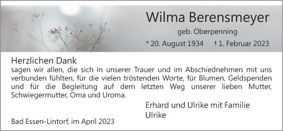 Traueranzeige von Wilma Berensmeyer von Neue Osnabrücker Zeitung GmbH & Co. KG