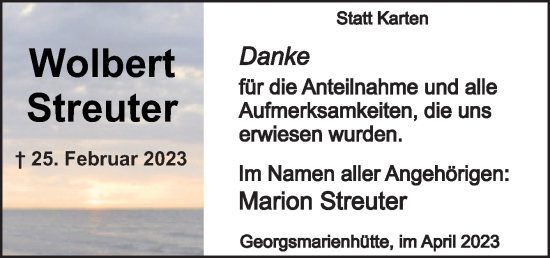 Traueranzeige von Wolbert Streuter von Neue Osnabrücker Zeitung GmbH & Co. KG