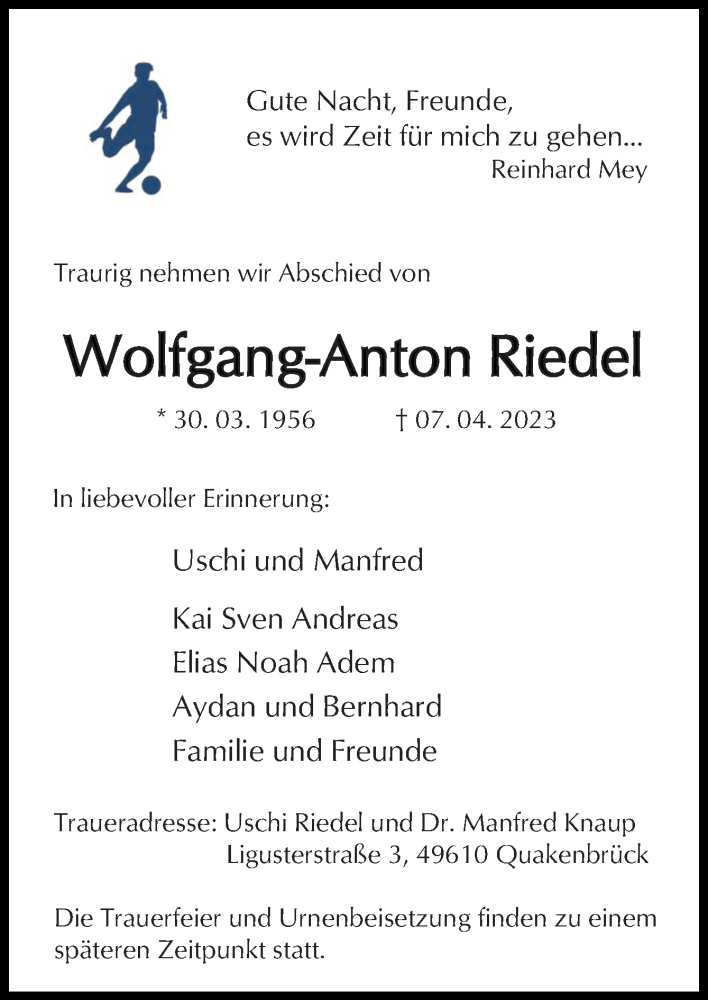  Traueranzeige für Wolfgang-Anton Riedel vom 15.04.2023 aus Neue Osnabrücker Zeitung GmbH & Co. KG