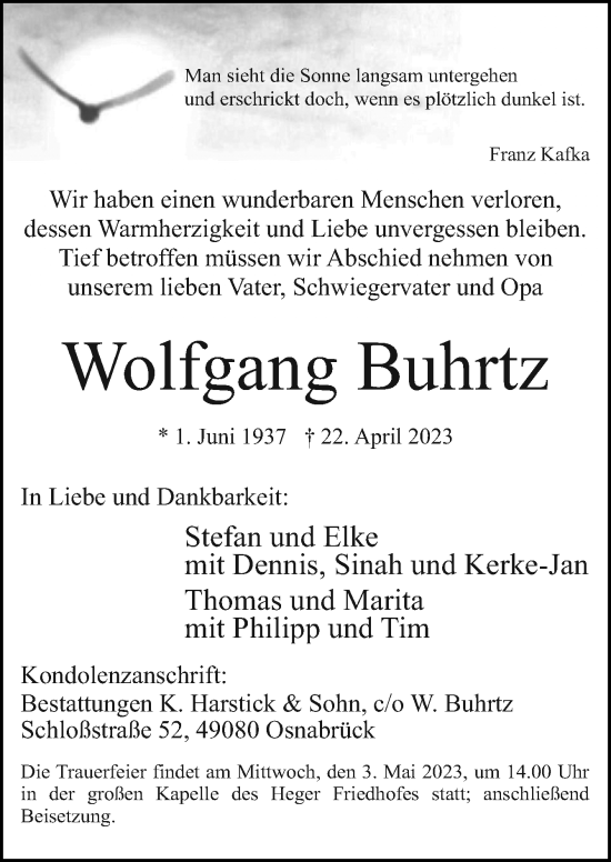 Traueranzeige von Wolfgang Buhrtz von Neue Osnabrücker Zeitung GmbH & Co. KG