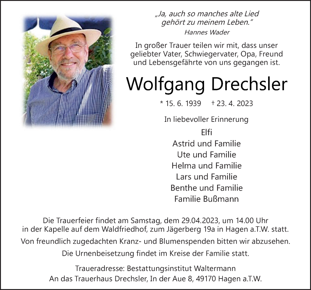  Traueranzeige für Wolfgang Drechsler vom 26.04.2023 aus Neue Osnabrücker Zeitung GmbH & Co. KG