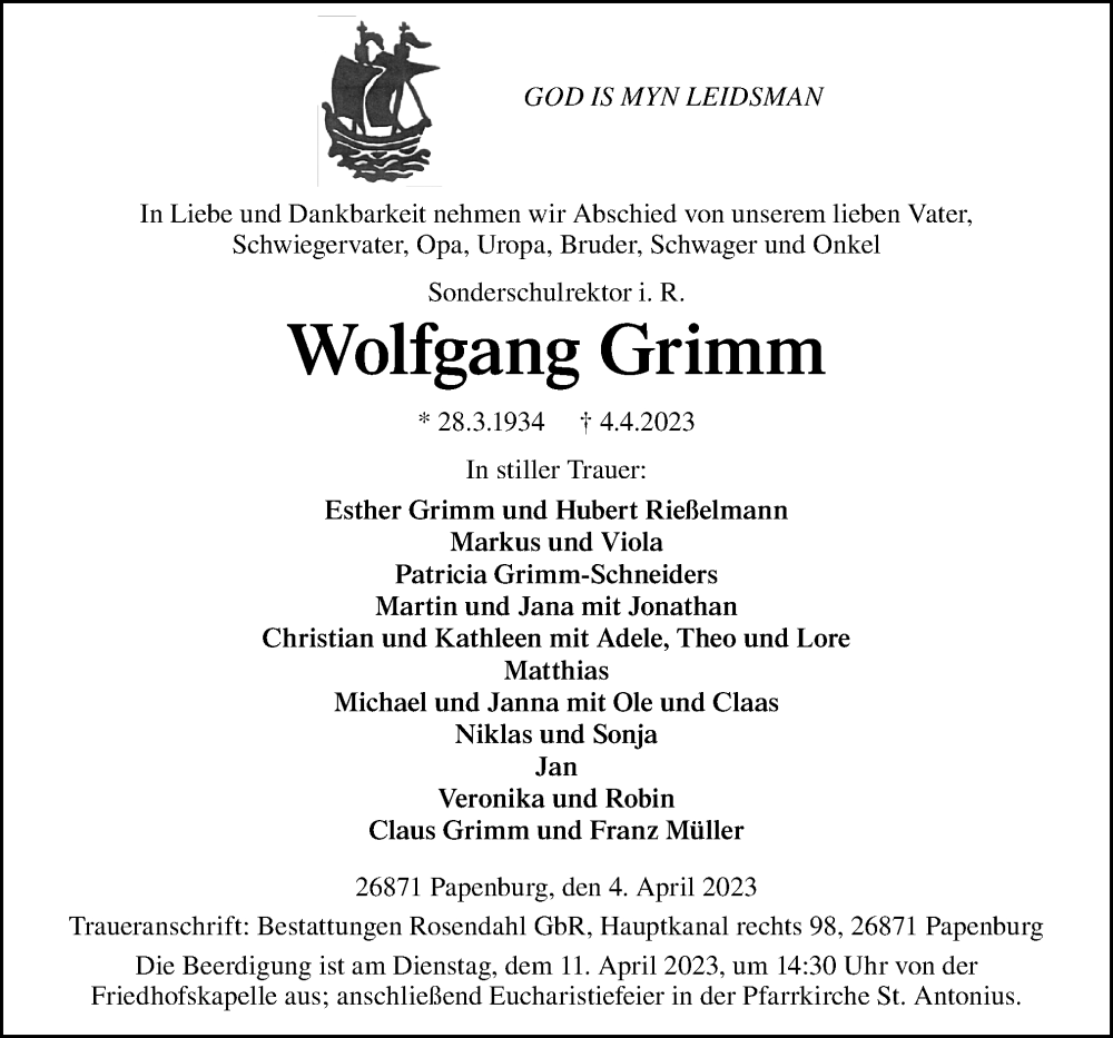  Traueranzeige für Wolfgang Grimm vom 08.04.2023 aus Neue Osnabrücker Zeitung GmbH & Co. KG