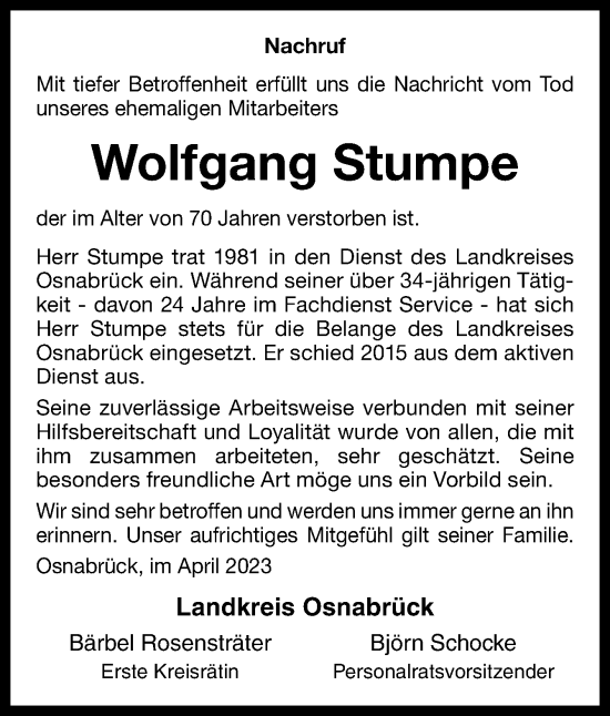 Traueranzeige von Wolfgang Stumpe von Neue Osnabrücker Zeitung GmbH & Co. KG