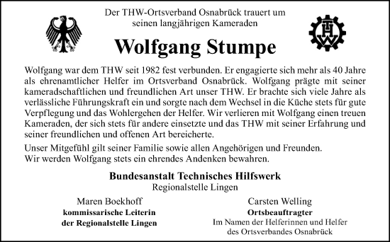 Traueranzeige von Wolfgang Stumpe von Neue Osnabrücker Zeitung GmbH & Co. KG