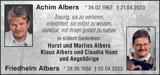 Traueranzeige von Achim und Friedhelm Albers von Neue Osnabrücker Zeitung GmbH & Co. KG