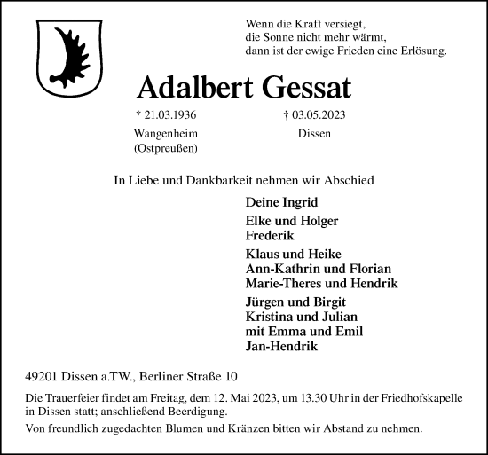 Traueranzeige von Adalbert Gessat von Neue Osnabrücker Zeitung GmbH & Co. KG