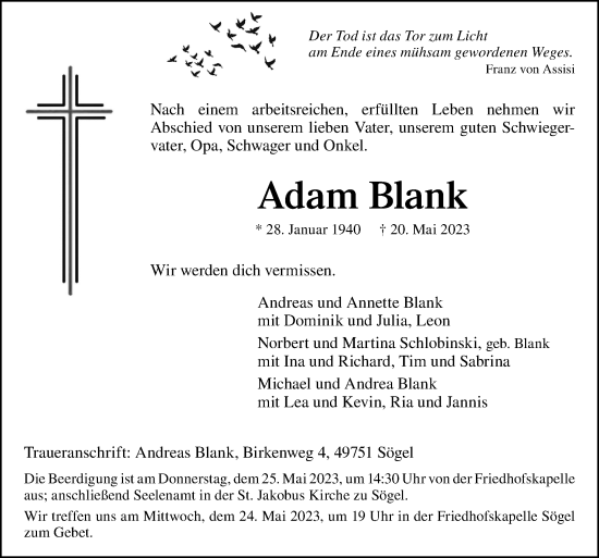 Traueranzeige von Adam Blank von Neue Osnabrücker Zeitung GmbH & Co. KG