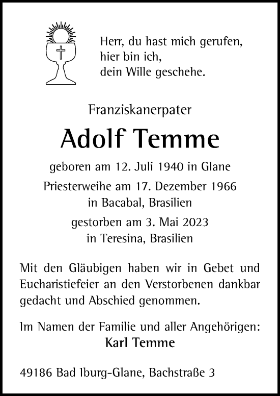 Traueranzeige von Adolf Temme von Neue Osnabrücker Zeitung GmbH & Co. KG