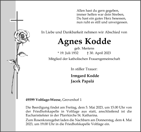 Traueranzeige von Agnes Kodde von Neue Osnabrücker Zeitung GmbH & Co. KG