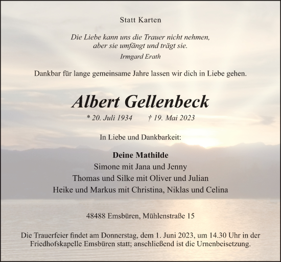 Traueranzeige von Albert Gellenbeck von Neue Osnabrücker Zeitung GmbH & Co. KG